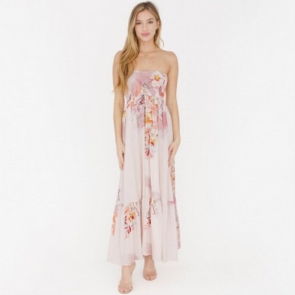Plum Pretty Sugar - Pink Floral Strapless Midi/Maxi Dress - Picture 2 of 14